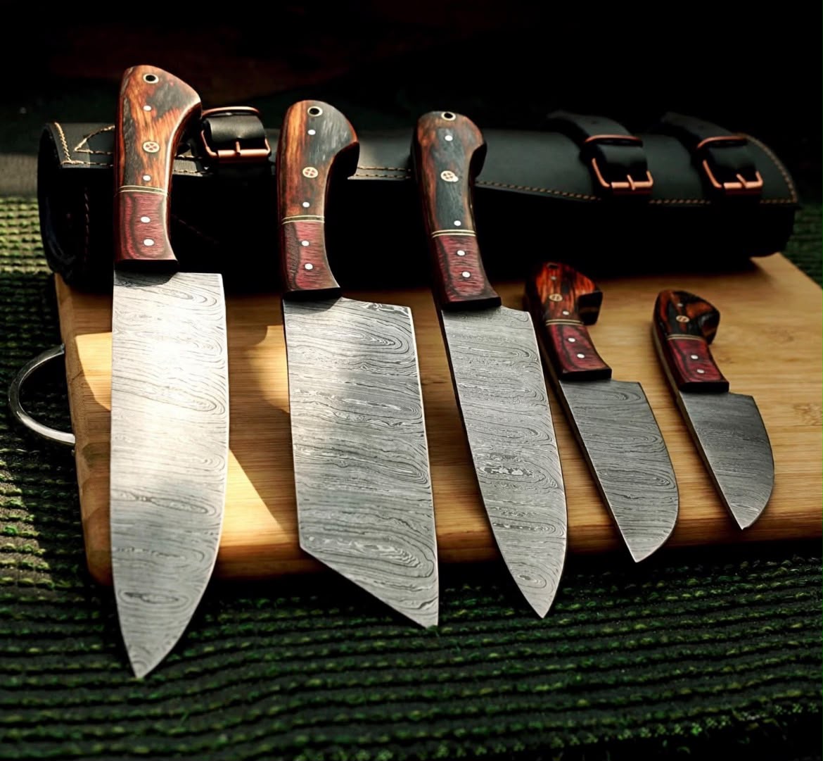 Premium 5-Piece Custom Damascus Steel Kitchen Knife Set with Ergonomic Pakkawood Handles & Leather Roll Sheath