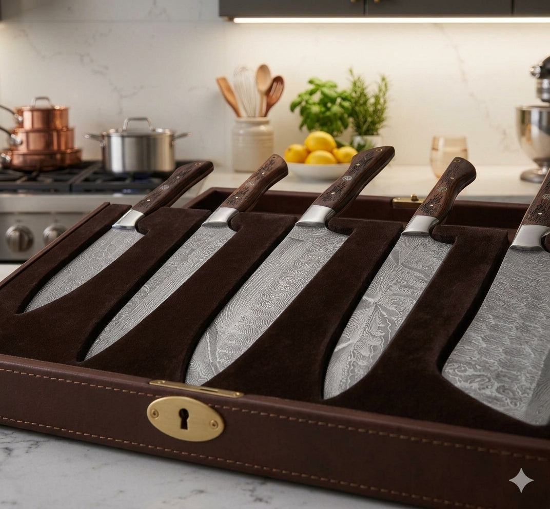 Titan Damascus 5-Piece Kitchen Knife Set with Carved Micarta Handles