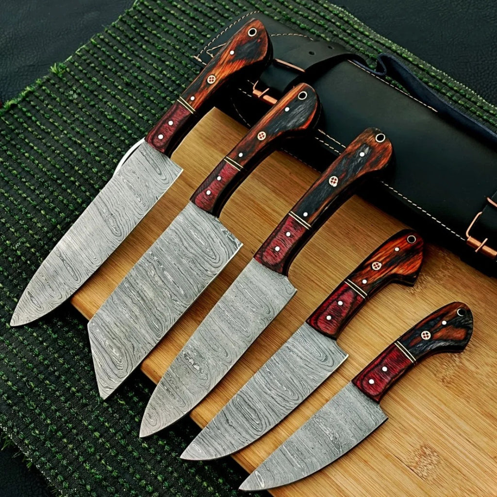 Premium 5-Piece Custom Damascus Steel Kitchen Knife Set with Ergonomic Pakkawood Handles & Leather Roll Sheath
