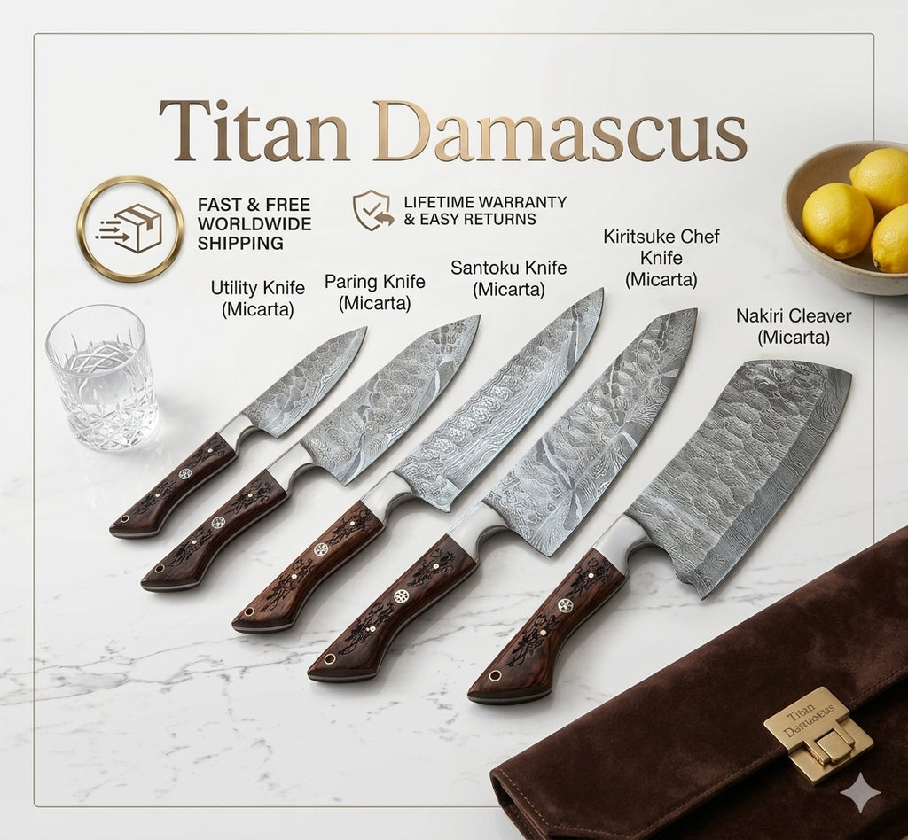 Titan Damascus 5-Piece Kitchen Knife Set with Carved Micarta Handles