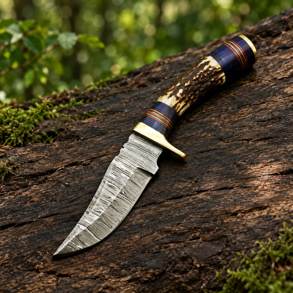Custom Handmade Damascus Steel Hunting Knife | Real Stag Horn Handle with Genuine Leather Sheath