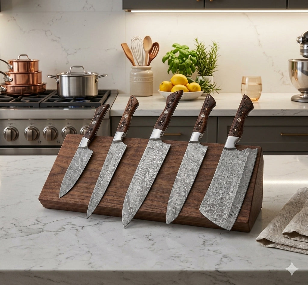 Titan Damascus 5-Piece Kitchen Knife Set with Carved Micarta Handles