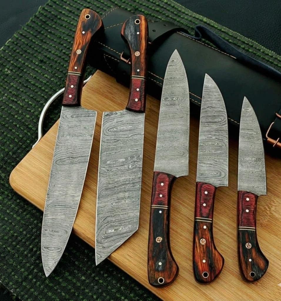 Premium 5-Piece Custom Damascus Steel Kitchen Knife Set with Ergonomic Pakkawood Handles & Leather Roll Sheath