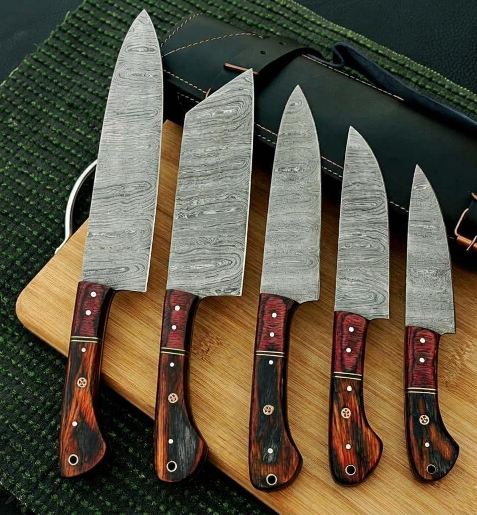 Premium 5-Piece Custom Damascus Steel Kitchen Knife Set with Ergonomic Pakkawood Handles & Leather Roll Sheath
