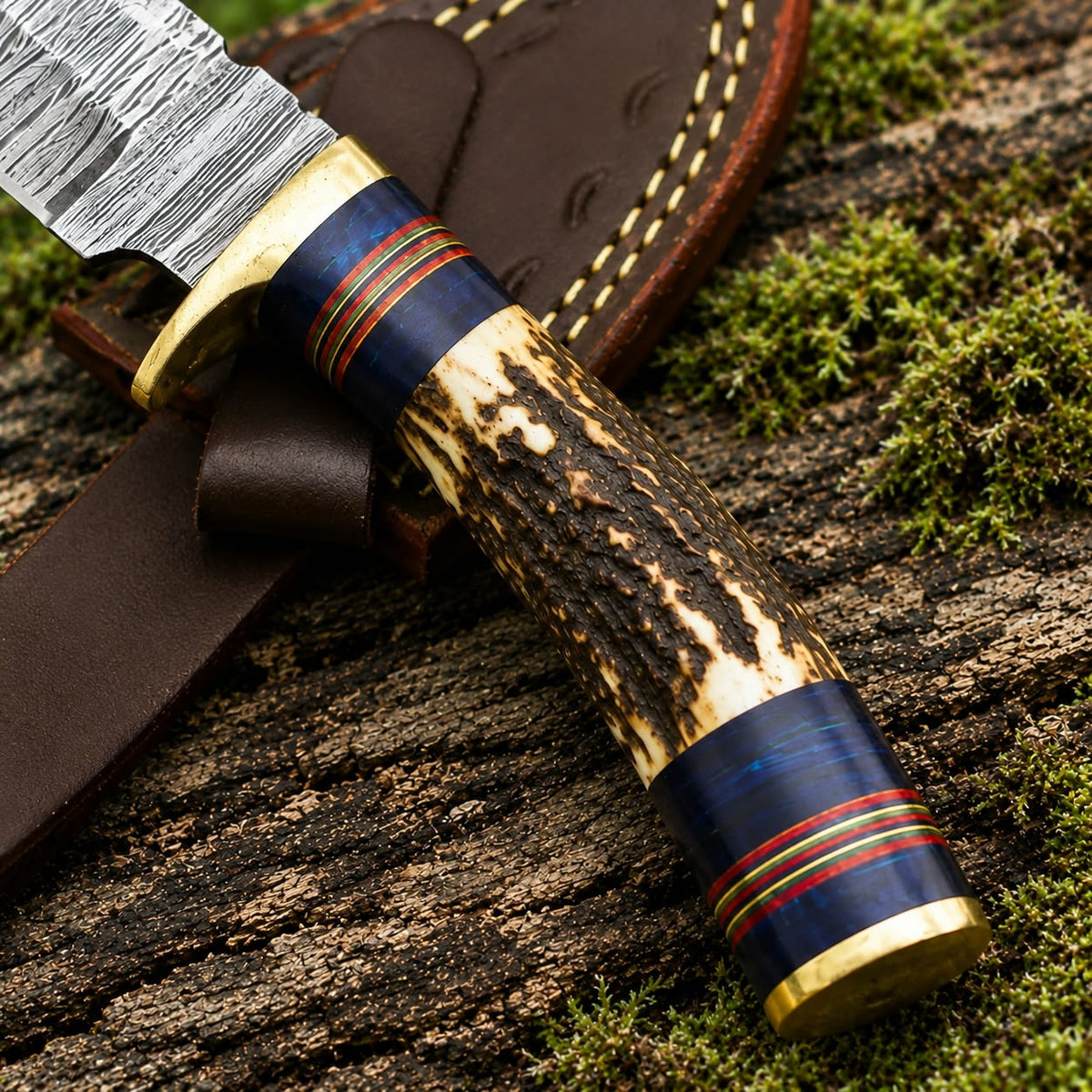 Custom Handmade Damascus Steel Hunting Knife | Real Stag Horn Handle with Genuine Leather Sheath