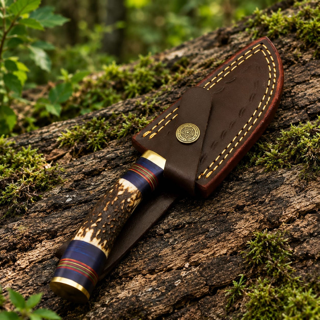 Custom Handmade Damascus Steel Hunting Knife | Real Stag Horn Handle with Genuine Leather Sheath