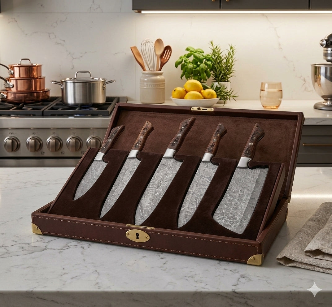 Titan Damascus 5-Piece Kitchen Knife Set with Carved Micarta Handles