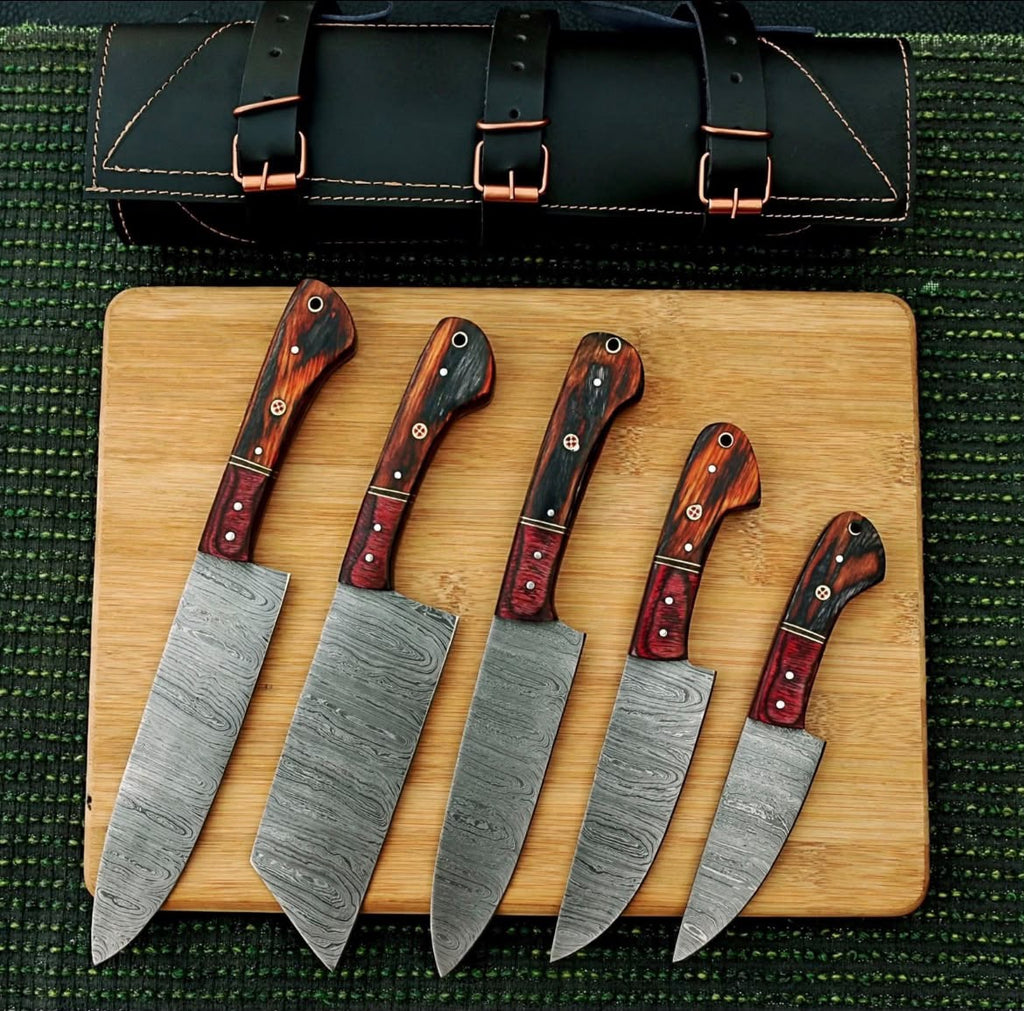 Premium 5-Piece Custom Damascus Steel Kitchen Knife Set with Ergonomic Pakkawood Handles & Leather Roll Sheath