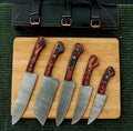 Premium 5-Piece Custom Damascus Steel Kitchen Knife Set with Ergonomic Pakkawood Handles & Leather Roll Sheath