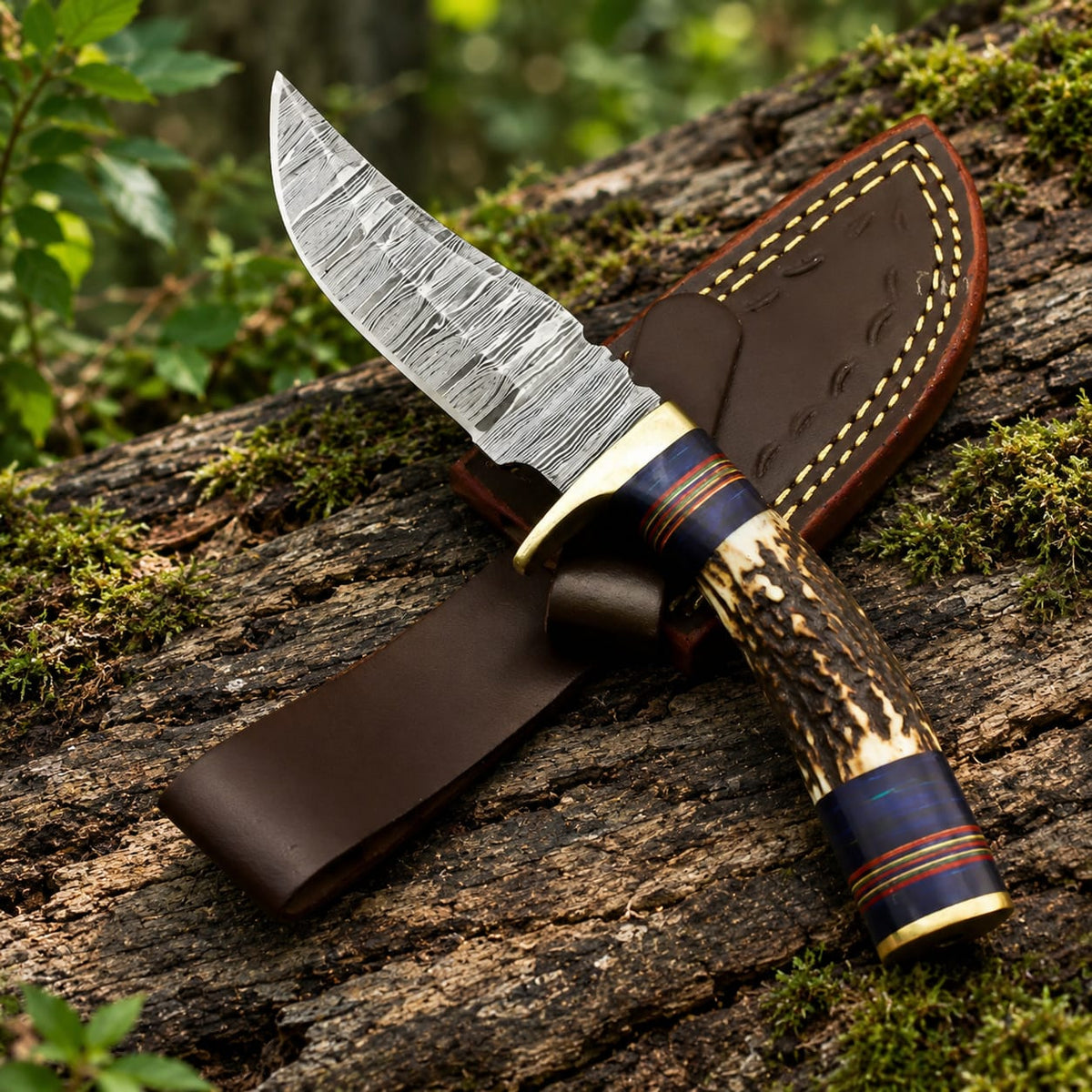 Custom Handmade Damascus Steel Hunting Knife | Real Stag Horn Handle with Genuine Leather Sheath