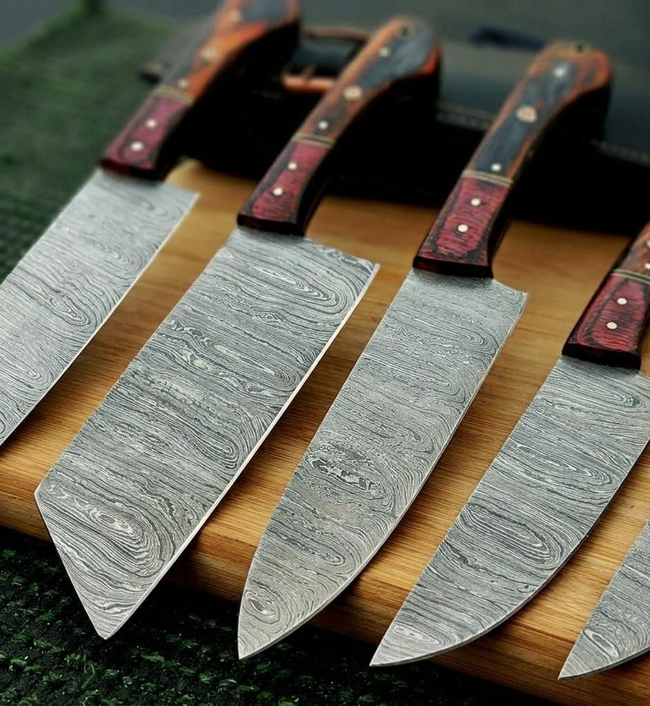 Premium 5-Piece Custom Damascus Steel Kitchen Knife Set with Ergonomic Pakkawood Handles & Leather Roll Sheath