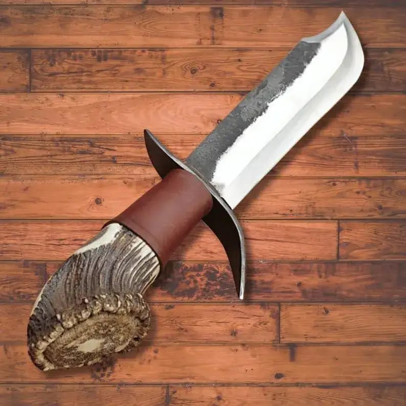 Handmade Bowie Knife with Stag Antler Handle & Fringed Leather Sheath - view 1