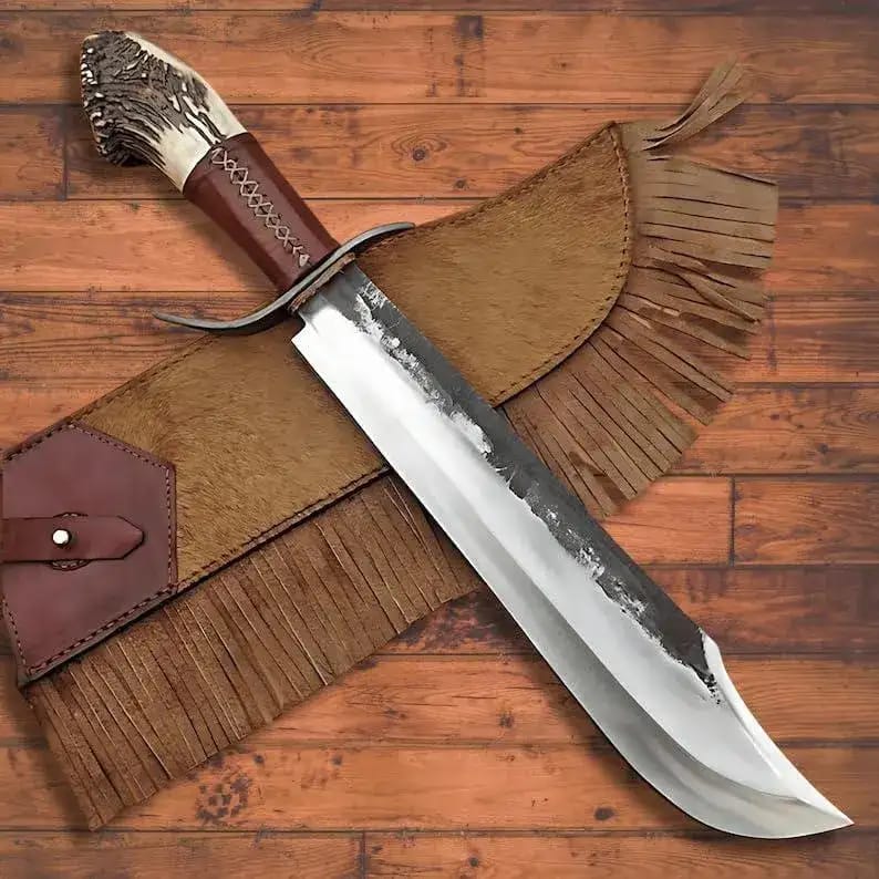 Handmade Bowie Knife with Stag Antler Handle & Fringed Leather Sheath - view 6