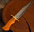 Damascus Bowie Knife with Orange Wood Handle, Brass Guard & Wooden Gift Box - view 1