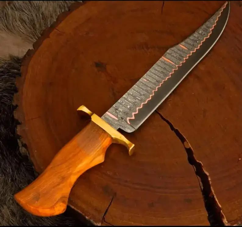 Damascus Bowie Knife with Orange Wood Handle, Brass Guard & Wooden Gift Box - view 1