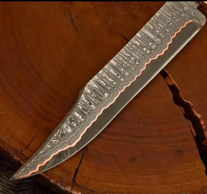 Damascus Bowie Knife with Orange Wood Handle, Brass Guard & Wooden Gift Box - view 2