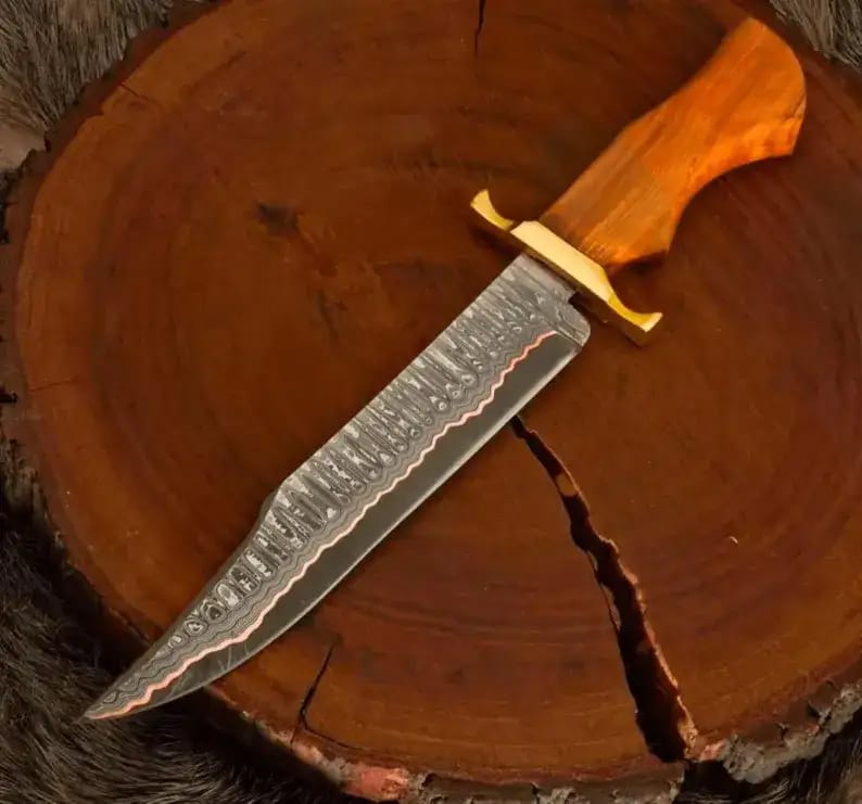 Damascus Bowie Knife with Orange Wood Handle, Brass Guard & Wooden Gift Box - view 3