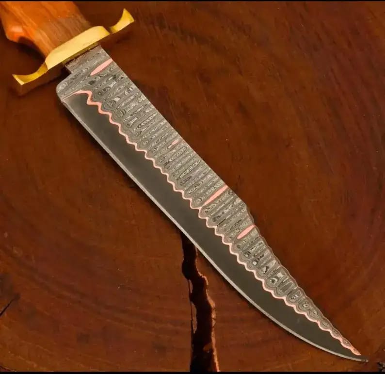 Damascus Bowie Knife with Orange Wood Handle, Brass Guard & Wooden Gift Box - view 4