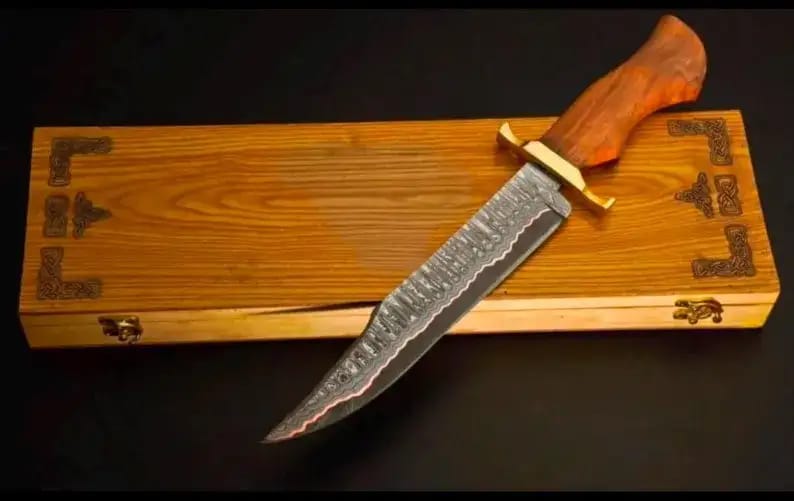 Damascus Bowie Knife with Orange Wood Handle, Brass Guard & Wooden Gift Box - view 5