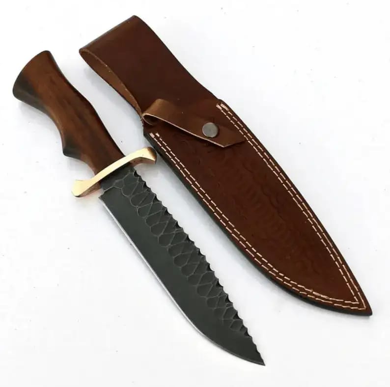 Hand-Forged Bowie Knife with Rosewood Handle, Brass Guard & Leather Sheath - view 2