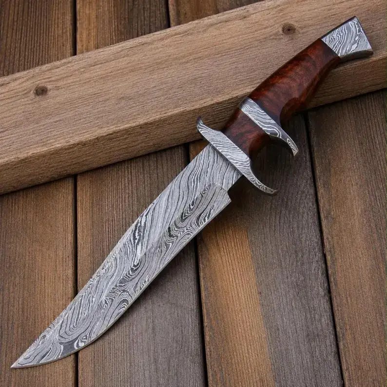 Damascus Bowie Knife with Dual Guard & Rosewood Handle - view 1