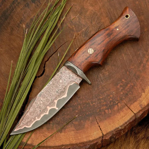 Copper Damascus Hunting Knife with Rosewood Handle & Tooled Leather Sheath - view 2