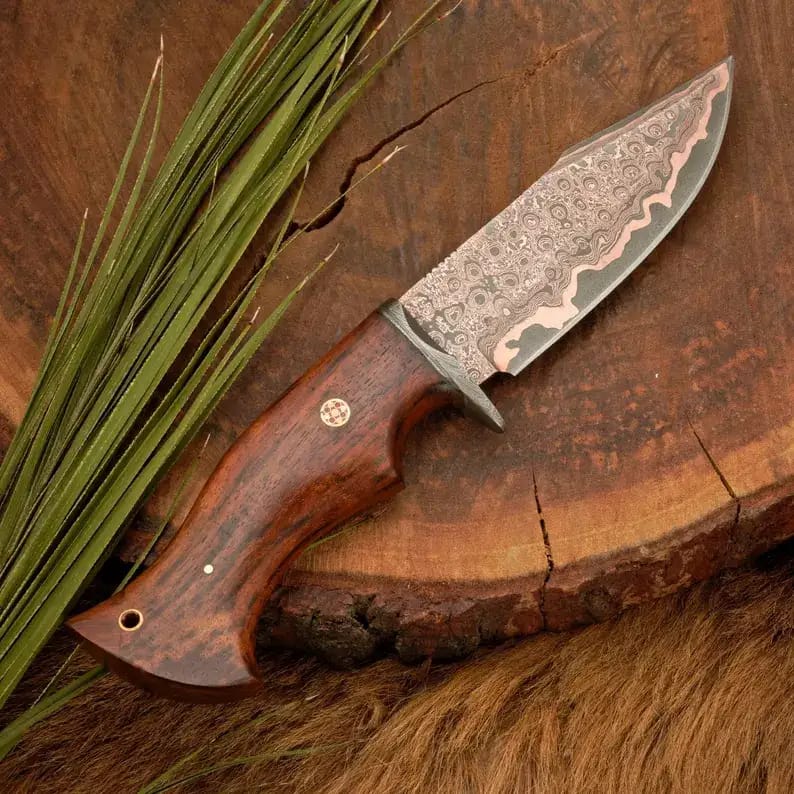 Copper Damascus Hunting Knife with Rosewood Handle & Tooled Leather Sheath - view 3