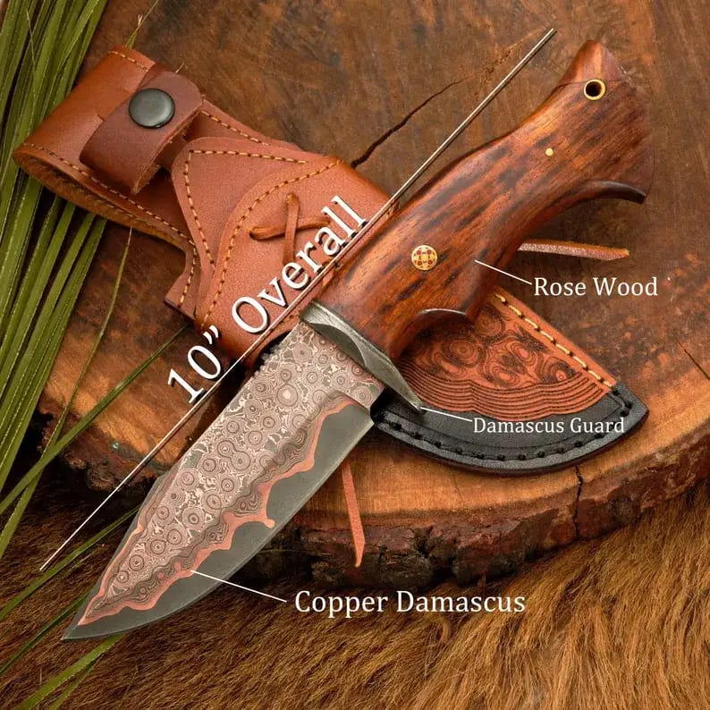 Copper Damascus Hunting Knife with Rosewood Handle & Tooled Leather Sheath - view 5