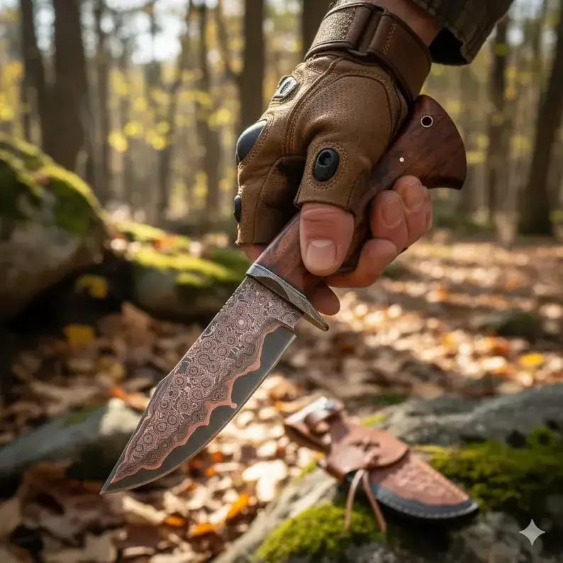 Copper Damascus Hunting Knife with Rosewood Handle & Tooled Leather Sheath - view 6