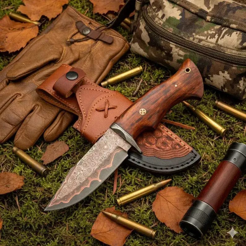 Copper Damascus Hunting Knife with Rosewood Handle & Tooled Leather Sheath - view 7