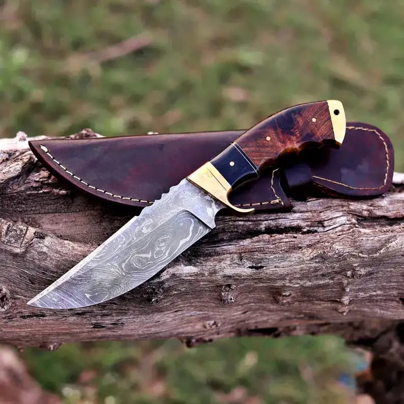 Damascus Hunting Knife with Brass Bolster, Burl Wood & Black Handle and Leather Sheath - view 1