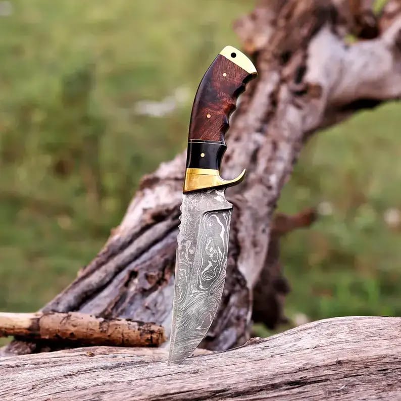 Damascus Hunting Knife with Brass Bolster, Burl Wood & Black Handle and Leather Sheath - view 2