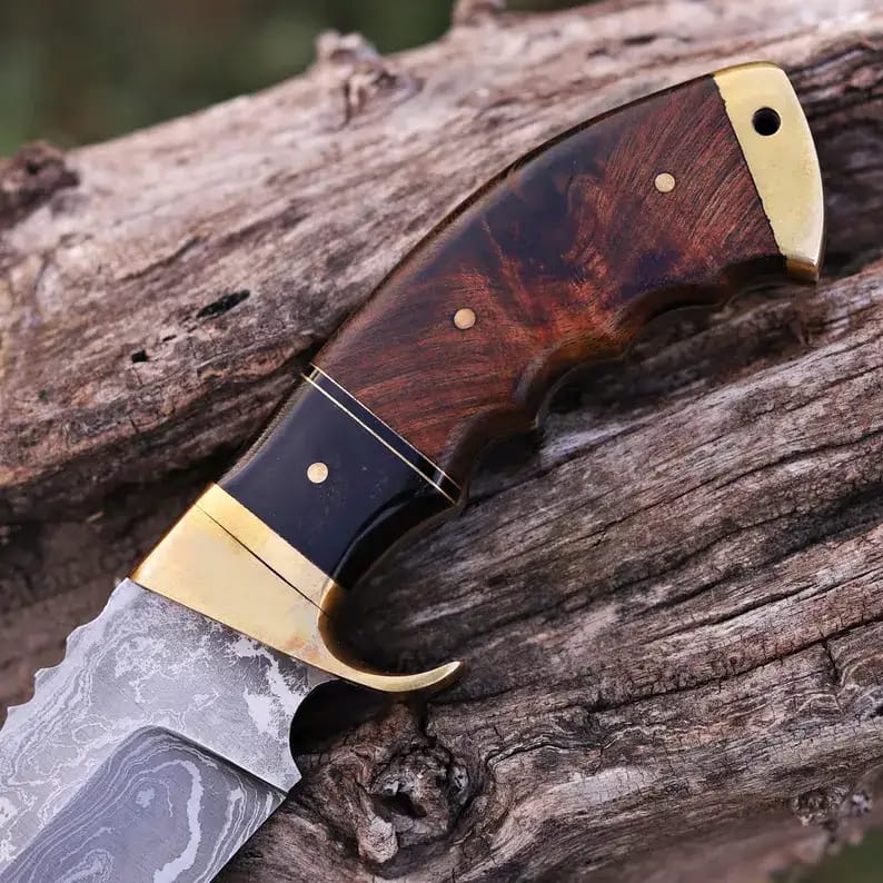Damascus Hunting Knife with Brass Bolster, Burl Wood & Black Handle and Leather Sheath - view 3