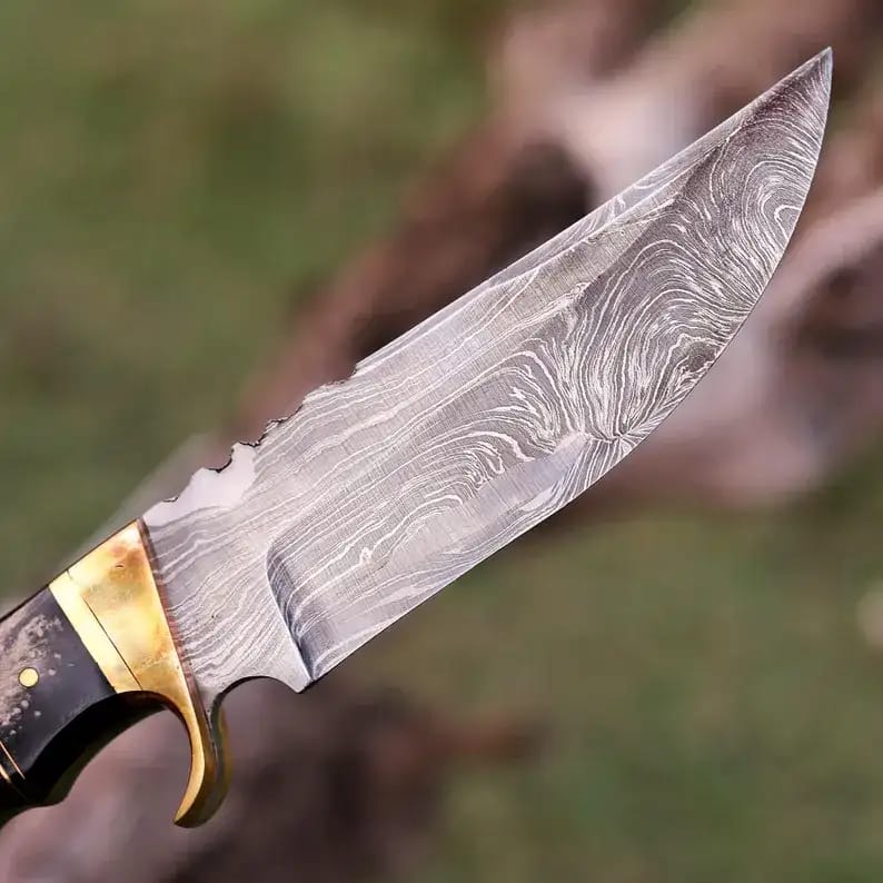 Damascus Hunting Knife with Brass Bolster, Burl Wood & Black Handle and Leather Sheath - view 4