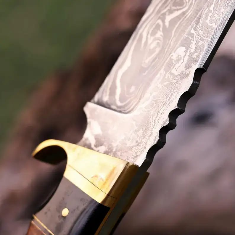 Damascus Hunting Knife with Brass Bolster, Burl Wood & Black Handle and Leather Sheath - view 5