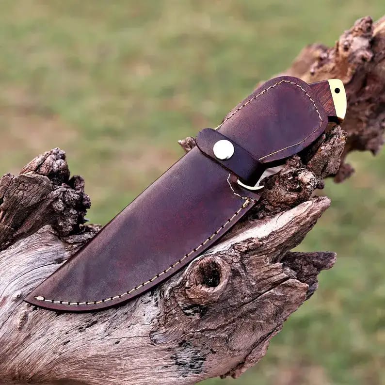Damascus Hunting Knife with Brass Bolster, Burl Wood & Black Handle and Leather Sheath - view 6