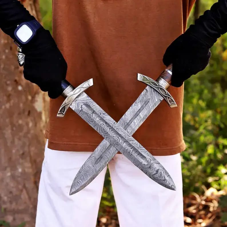 Viking-Style Damascus Dagger Set with Sheaths (Rosewood & Black Grip) - view 10