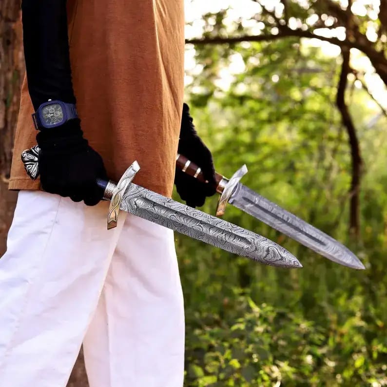 Viking-Style Damascus Dagger Set with Sheaths (Rosewood & Black Grip) - view 2