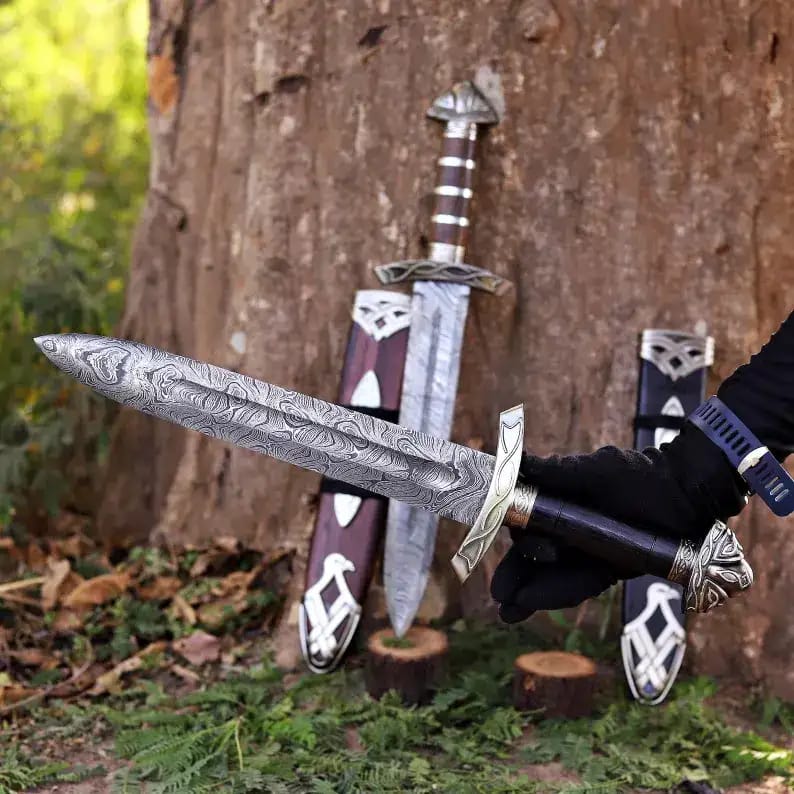 Viking-Style Damascus Dagger Set with Sheaths (Rosewood & Black Grip) - view 3