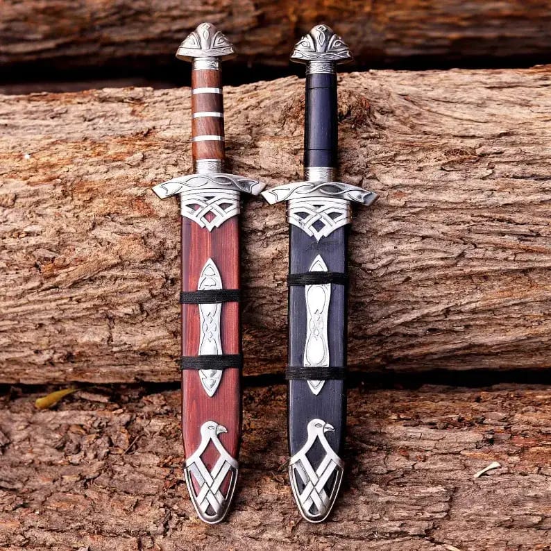 Viking-Style Damascus Dagger Set with Sheaths (Rosewood & Black Grip) - view 4
