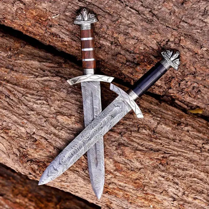 Viking-Style Damascus Dagger Set with Sheaths (Rosewood & Black Grip) - view 8