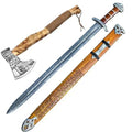 Viking Damascus Sword with Carved Wooden Scabbard & Bearded Axe Set - view 1