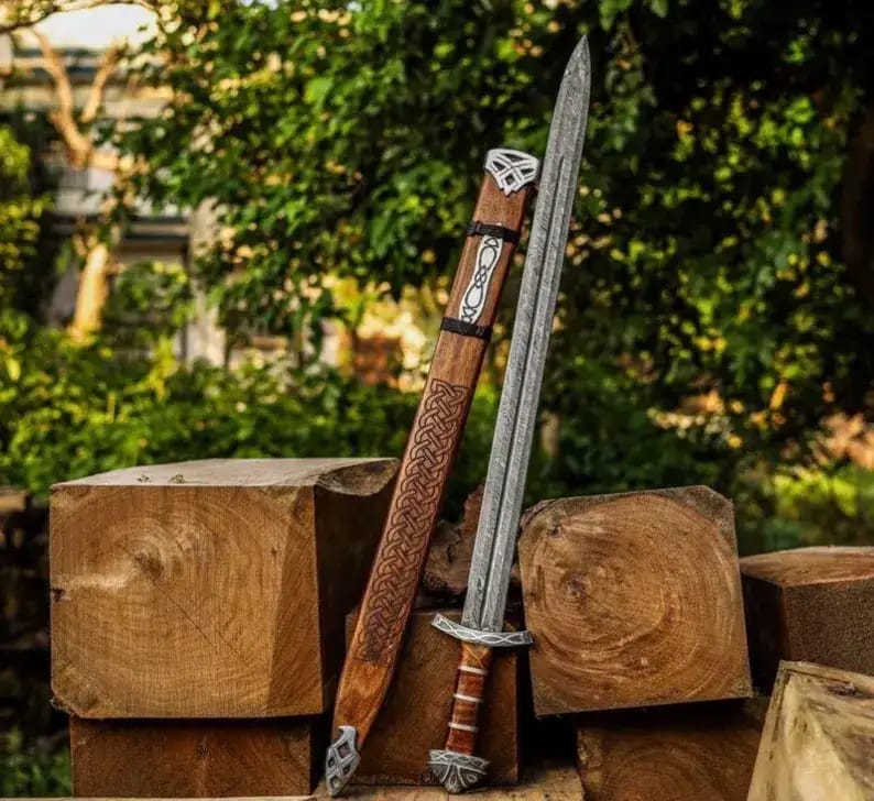 Viking Damascus Sword with Carved Wooden Scabbard & Bearded Axe Set - view 2