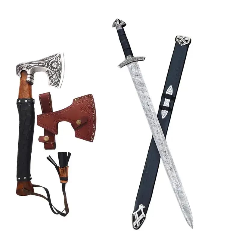 Viking Damascus Sword with Carved Wooden Scabbard & Bearded Axe Set - view 3