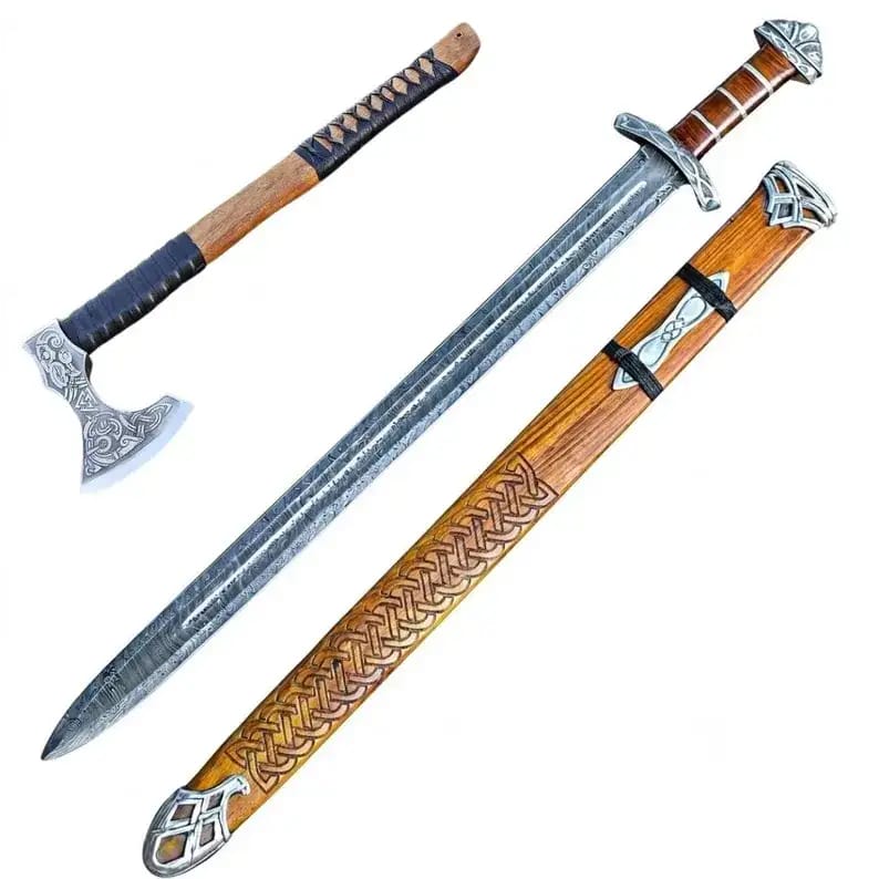 Viking Damascus Sword with Carved Wooden Scabbard & Bearded Axe Set - view 4
