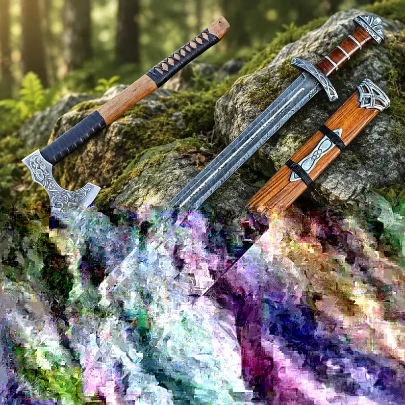 Viking Damascus Sword with Carved Wooden Scabbard & Bearded Axe Set - view 5