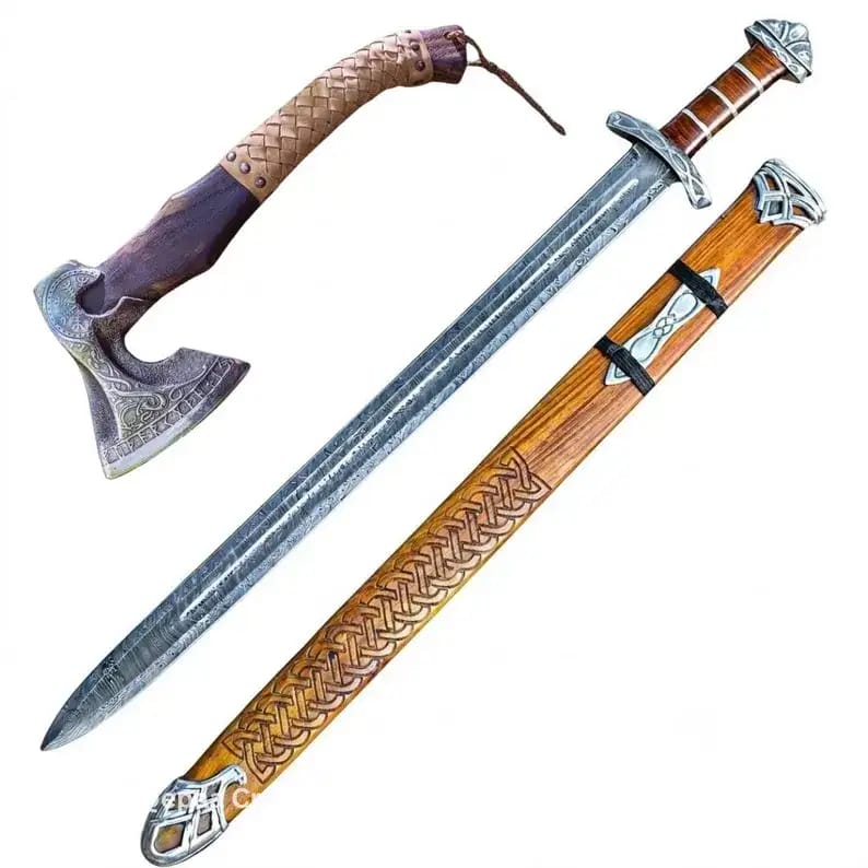 Viking Damascus Sword with Carved Wooden Scabbard & Bearded Axe Set - view 6