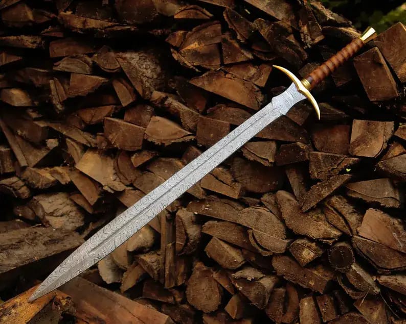 Damascus Sword with Wrapped Grip & Curved Brass Guard - view 1
