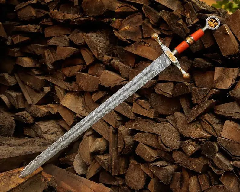Damascus Crusader Sword with Red Grip & Cross Guard - view 1