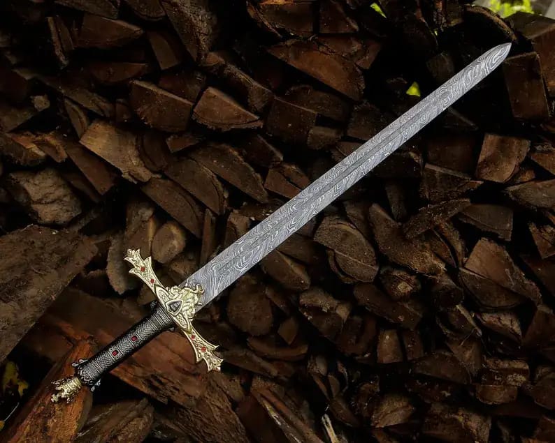Damascus Gothic Cross-Hilt Sword with Gold Accents - view 1